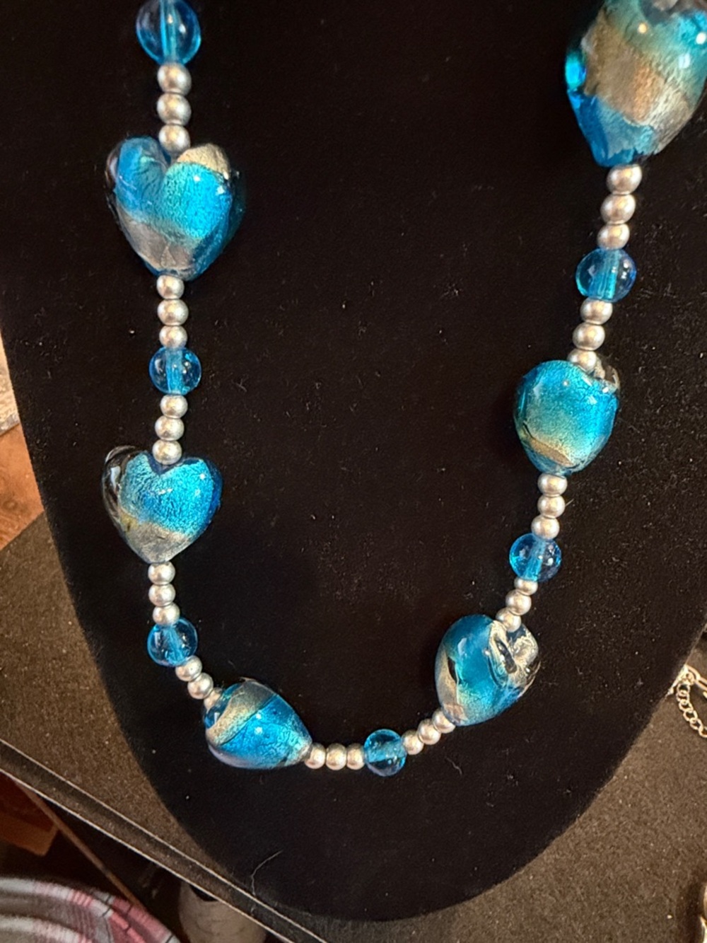 Murano Blue Heart Glass Necklace with Silver Accents